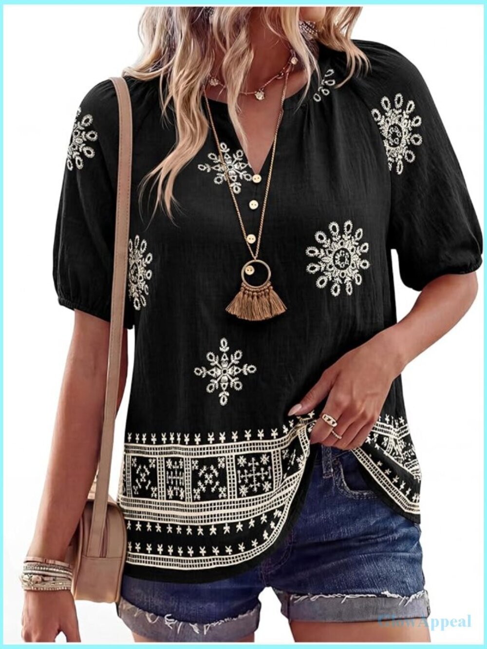 Boho V Neck Short Sleeve Floral Blouse Top Loose Fit Flowy Tie Front Beach Vacay